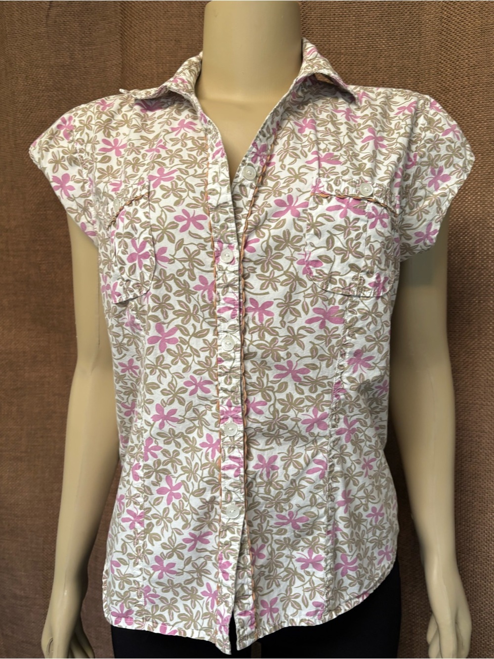 Woolrich Pink & Tan Floral Cap-Sleeve Button-Down Shirt